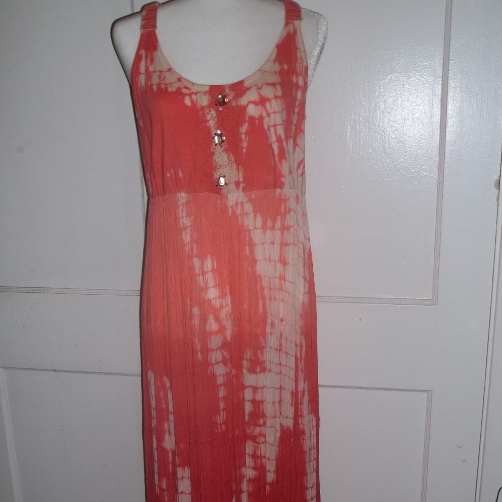 'LOLA P' CORAL TIE DYE MAXI/SUN DRESS COTTON RAYON XL-JEWEL DETAIL